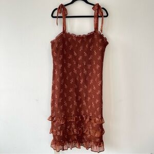 Abercrombie & Fitch smocked Midi Dress XXL brown floral Ruffles tie fall stretch